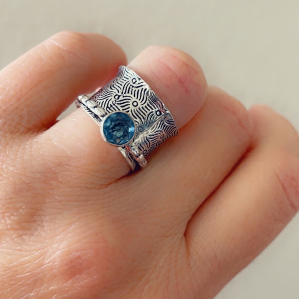 Fidget Ring Blue Topaz Spinner Sterling Silver Artisan Anxiety Ring - Picture 4 of 10
